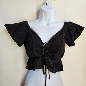 Polly Black Crop Tie Front Top‎ Size 4 Flutter Sleeve Festival Milk Maid Y2k